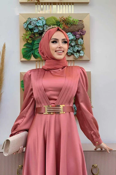 Göğüs Kısmı Kat Şerit Detay Bel Kemer Aksesuarlı Abiye Elbise 3792 Gül Kurusu - Resim 4