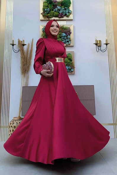 Göğüs Kısmı Kat Şerit Detay Bel Kemer Aksesuarlı Abiye Elbise 3792 Bordo - Resim 2