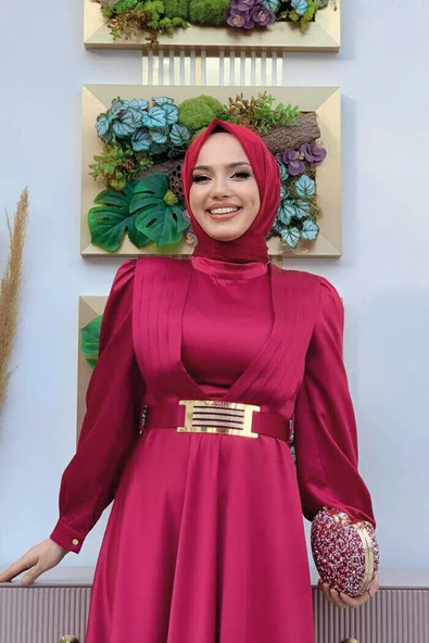 Göğüs Kısmı Kat Şerit Detay Bel Kemer Aksesuarlı Abiye Elbise 3792 Bordo - Resim 4