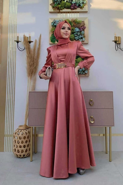 Göğüs Kısmı Kat Şerit Detay Bel Kemer Aksesuarlı Abiye Elbise 3792 Gül Kurusu - Resim 2