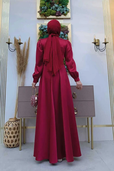 Göğüs Kısmı Kat Şerit Detay Bel Kemer Aksesuarlı Abiye Elbise 3792 Bordo - Resim 3