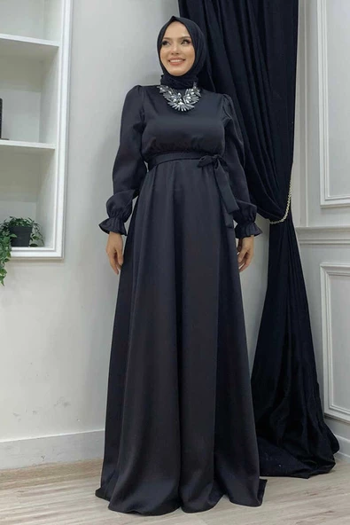 Bel Kuşak Detay Düz Saten Abiye Elbise 3791 Siyah