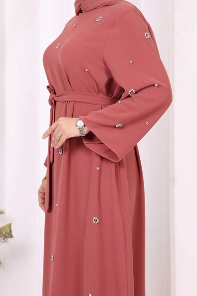 Taş Detaylı Bel Kuşaklı Elbise 3797 Gül Kurusu - Resim 4