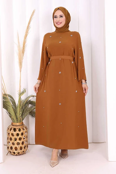 Taş Detaylı Bel Kuşaklı Elbise 3797 Taba - Resim 1