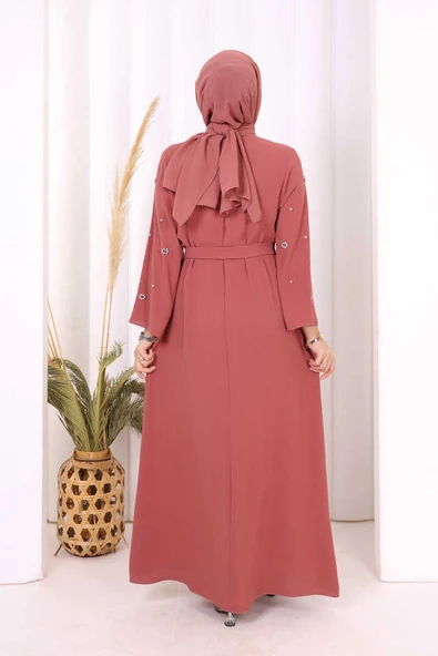 Taş Detaylı Bel Kuşaklı Elbise 3797 Gül Kurusu - Resim 5