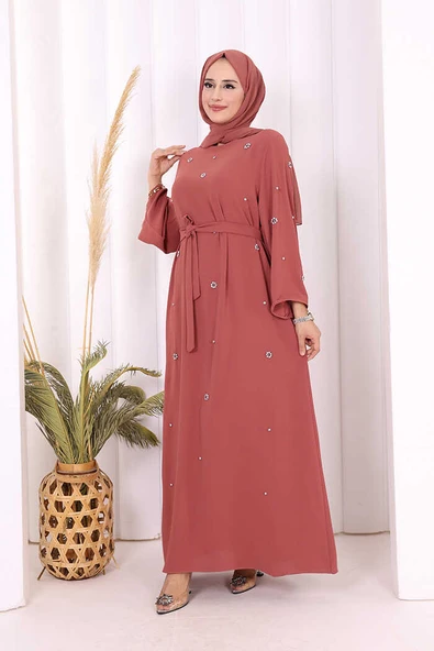 Taş Detaylı Bel Kuşaklı Elbise 3797 Gül Kurusu - Resim 2