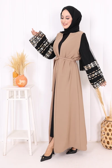 Kol İşlemeli Bel Kuşaklı Abaya 7814 Vizon - Resim 3