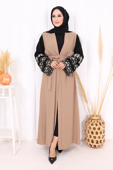 Kol İşlemeli Bel Kuşaklı Abaya 7814 Vizon ürün görseli