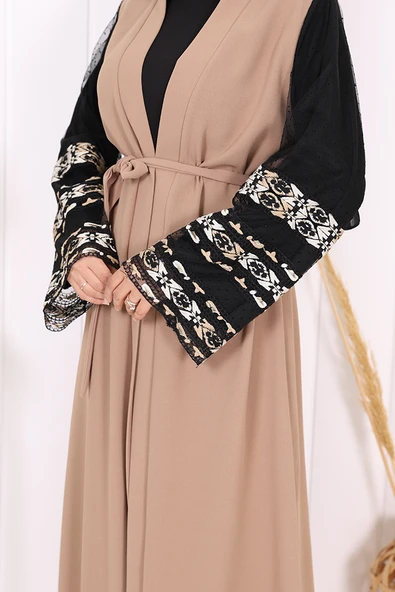 Kol İşlemeli Bel Kuşaklı Abaya 7814 Vizon - Resim 6
