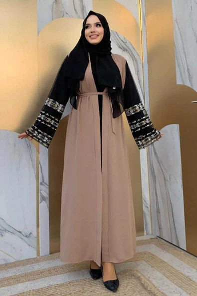 Kol İşlemeli Bel Kuşaklı Abaya 7814 Vizon