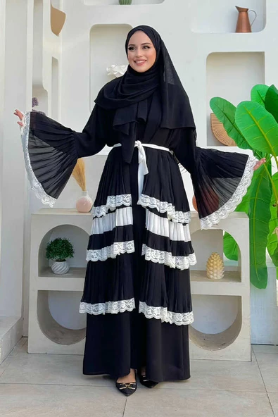 Kol Manşetleri ve Eteği Kat Kat Dantel Görünümlü Abaya 7807 Siyah