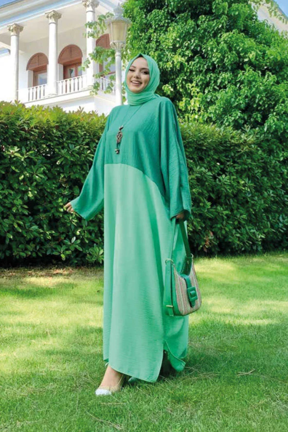 İki Renkli Yarasakol Kolyeli Elbise 3804 Yeşil