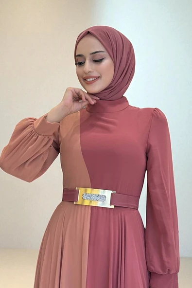İki Renkli Şifon Bel Kemer Aksesuarlı Abiye Elbise 3806 Gül Kurusu - 3
