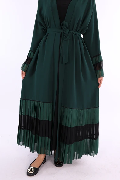 Kol ve Etek Ucu İki Renkli Bel Kuşaklı Piliseli Abaya 7454 Zümrüt - Resim 5
