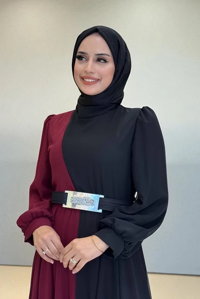 İki Renkli Şifon Bel Kemer Aksesuarlı Abiye Elbise 3806 Bordo - Resim 3