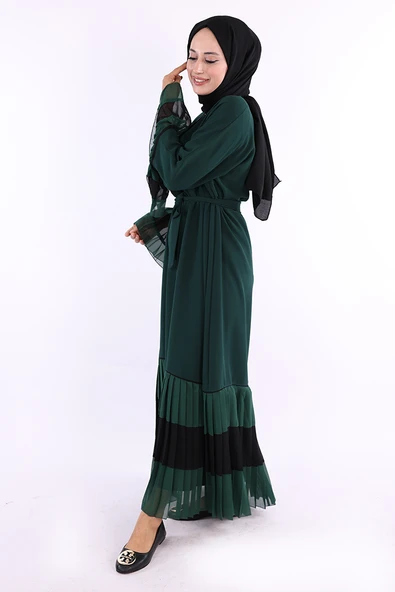 Kol ve Etek Ucu İki Renkli Bel Kuşaklı Piliseli Abaya 7454 Zümrüt - Resim 3