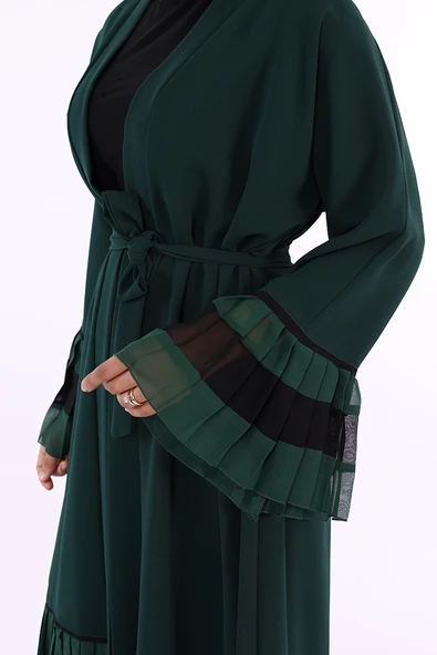 Kol ve Etek Ucu İki Renkli Bel Kuşaklı Piliseli Abaya 7454 Zümrüt - Resim 4