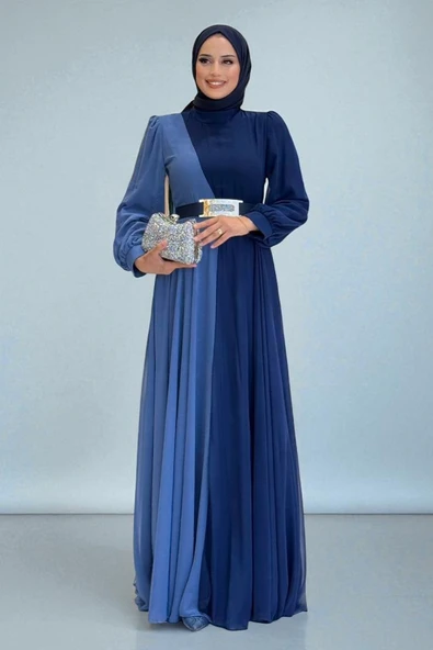 İki Renkli Şifon Bel Kemer Aksesuarlı Abiye Elbise 3806 Lacivert ürün görseli 1