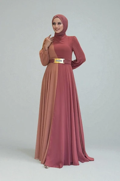 İki Renkli Şifon Bel Kemer Aksesuarlı Abiye Elbise 3806 Gül Kurusu