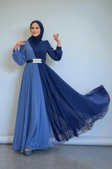 İki Renkli Şifon Bel Kemer Aksesuarlı Abiye Elbise 3806 Lacivert - Resim 3
