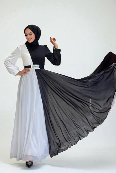 İki Renkli Şifon Bel Kemer Aksesuarlı Abiye Elbise 3806 Siyah ürün görseli