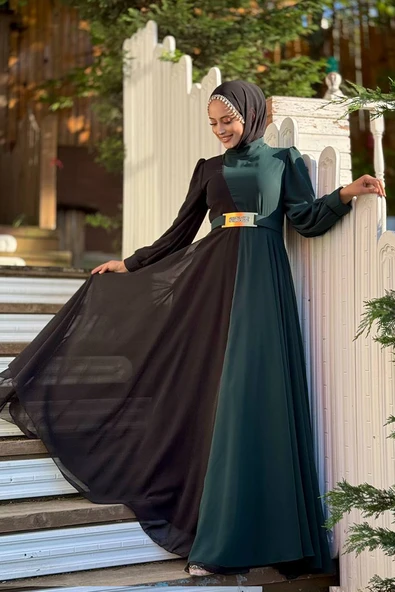 İki Renkli Şifon Bel Kemer Aksesuarlı Abiye Elbise 3806 Zümrüt - Resim 2