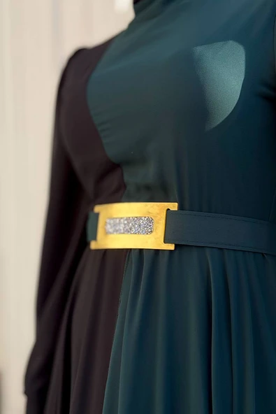 İki Renkli Şifon Bel Kemer Aksesuarlı Abiye Elbise 3806 Zümrüt - Resim 3