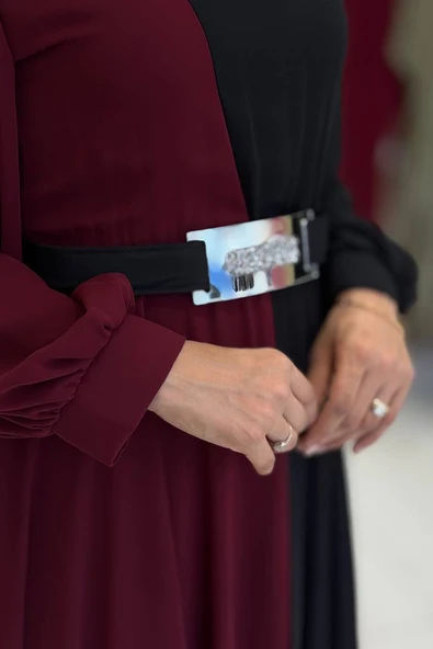 İki Renkli Şifon Bel Kemer Aksesuarlı Abiye Elbise 3806 Bordo - Resim 2