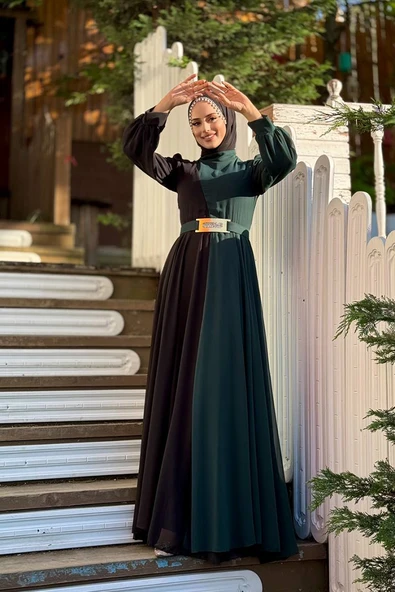 İki Renkli Şifon Bel Kemer Aksesuarlı Abiye Elbise 3806 Zümrüt ürün görseli