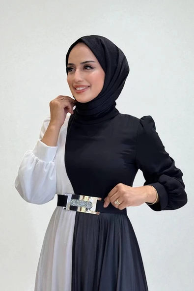 İki Renkli Şifon Bel Kemer Aksesuarlı Abiye Elbise 3806 Siyah - Resim 3