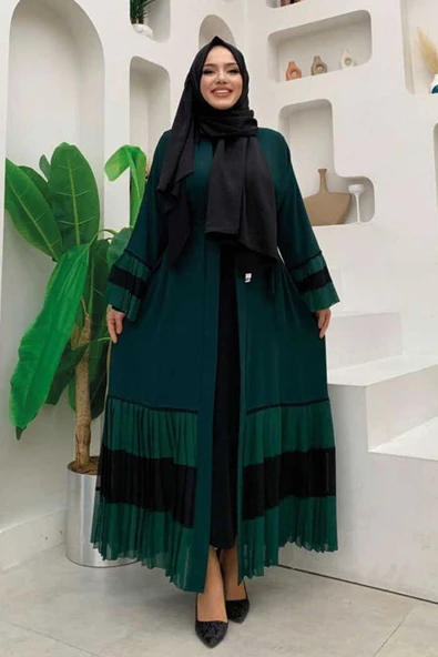 Kol ve Etek Ucu İki Renkli Bel Kuşaklı Piliseli Abaya 7454 Zümrüt