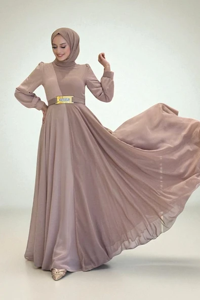 İki Renkli Şifon Bel Kemer Aksesuarlı Abiye Elbise 3806 Vizon - Resim 2