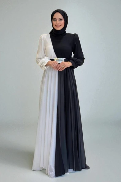 İki Renkli Şifon Bel Kemer Aksesuarlı Abiye Elbise 3806 Siyah - Resim 2