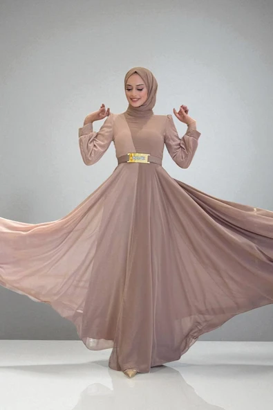 İki Renkli Şifon Bel Kemer Aksesuarlı Abiye Elbise 3806 Vizon - Resim 3