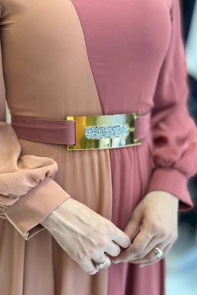 İki Renkli Şifon Bel Kemer Aksesuarlı Abiye Elbise 3806 Gül Kurusu - 2