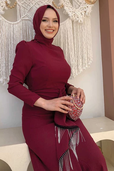 Ön Zincir Püskül Detay Balık Model Abiye Elbise 3810 Bordo - Resim 3