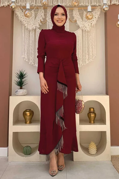 Ön Zincir Püskül Detay Balık Model Abiye Elbise 3810 Bordo