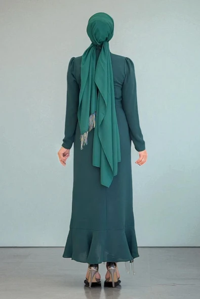 Ön Zincir Püskül Detay Balık Model Abiye Elbise 3810 Zümrüt - Resim 2