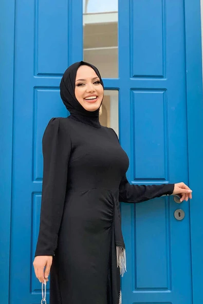 Ön Zincir Püskül Detay Balık Model Abiye Elbise 3810 Siyah - Resim 4