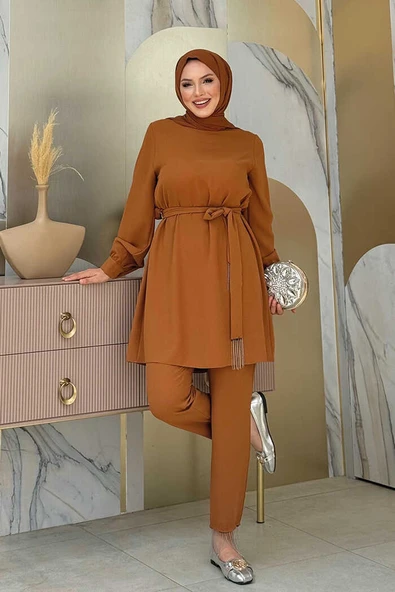 Püskül Detaylı Tunikli Pantolon İkili Takım 8424 Taba