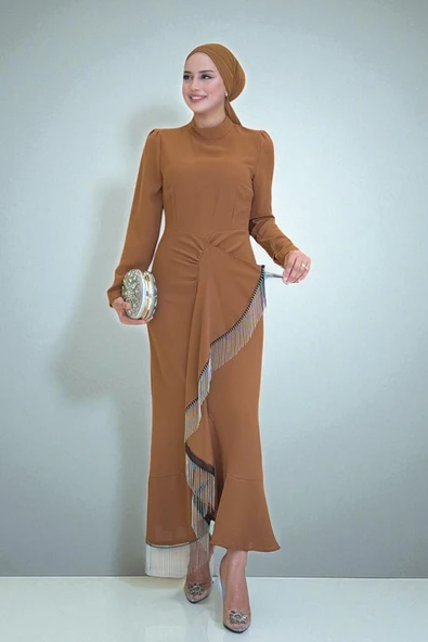 Ön Zincir Püskül Detay Balık Model Abiye Elbise 3810 Taba ürün görseli