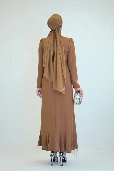 Ön Zincir Püskül Detay Balık Model Abiye Elbise 3810 Taba - Resim 2