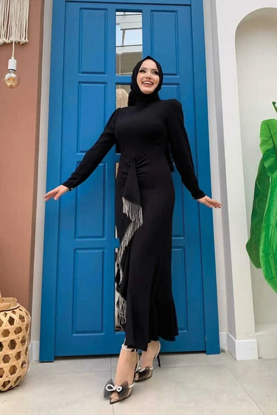 Ön Zincir Püskül Detay Balık Model Abiye Elbise 3810 Siyah - Resim 2