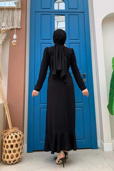 Ön Zincir Püskül Detay Balık Model Abiye Elbise 3810 Siyah - Resim 3
