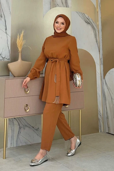 Püskül Detaylı Tunikli Pantolon İkili Takım 8424 Taba - 2