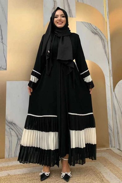Kol ve Etek Ucu İki Renkli Bel Kuşaklı Piliseli Abaya 7454 Siyah-Beyaz