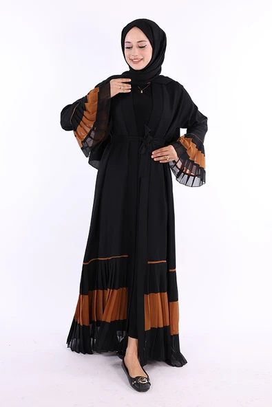 Kol ve Etek Ucu İki Renkli Bel Kuşaklı Piliseli Abaya 7454 Siyah-Taba ürün görseli