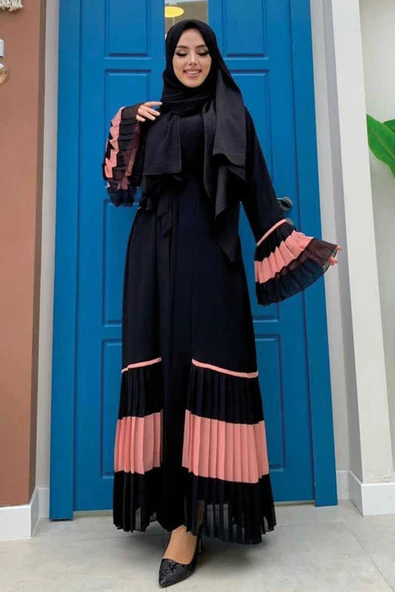 Kol ve Etek Ucu İki Renkli Bel Kuşaklı Piliseli Abaya 7454 Siyah-Pudra - 5
