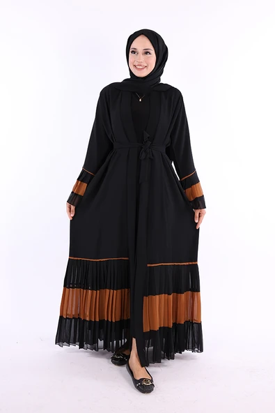 Kol ve Etek Ucu İki Renkli Bel Kuşaklı Piliseli Abaya 7454 Siyah-Taba - Resim 2