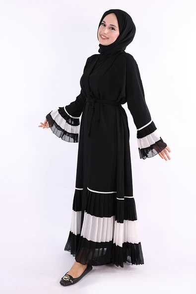 Kol ve Etek Ucu İki Renkli Bel Kuşaklı Piliseli Abaya 7454 Siyah-Beyaz - Resim 3